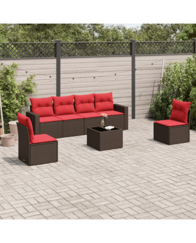 Salon de jardin avec coussins 7 pcs marron résine tressée | Mobilier & Déco