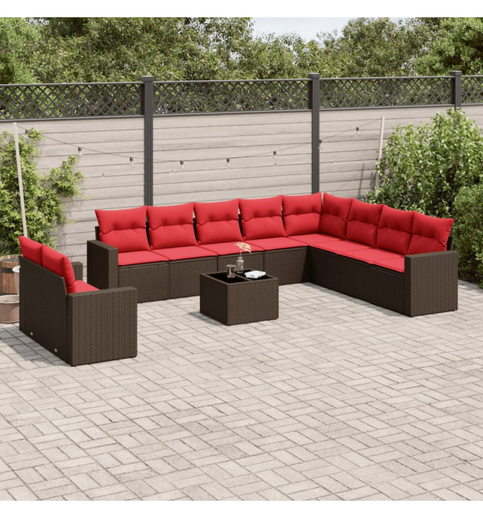 Salon de jardin et coussins 11 pcs marron résine tressée | Mobilier & Déco