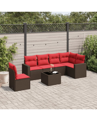 Salon de jardin avec coussins 7 pcs marron résine tressée | Mobilier & Déco