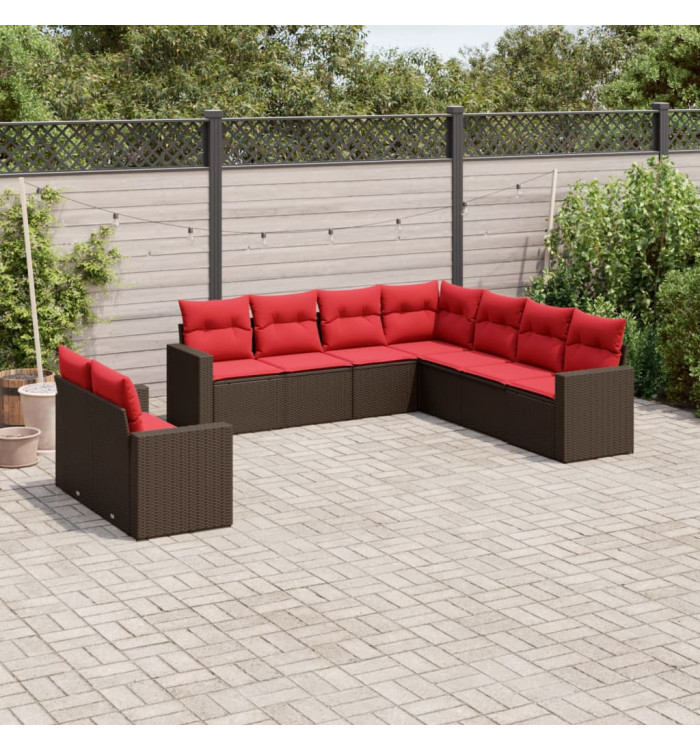 Salon de jardin avec coussins 9 pcs marron résine tressée | Mobilier & Déco