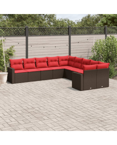 Salon de jardin 10 pcs avec coussins marron résine tressée | Mobilier & Déco