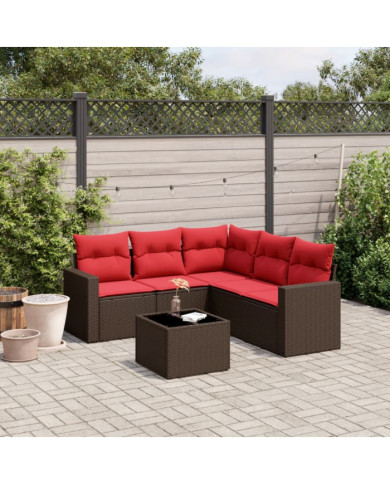 Salon de jardin 6 pcs avec coussins marron résine tressée | Mobilier & Déco