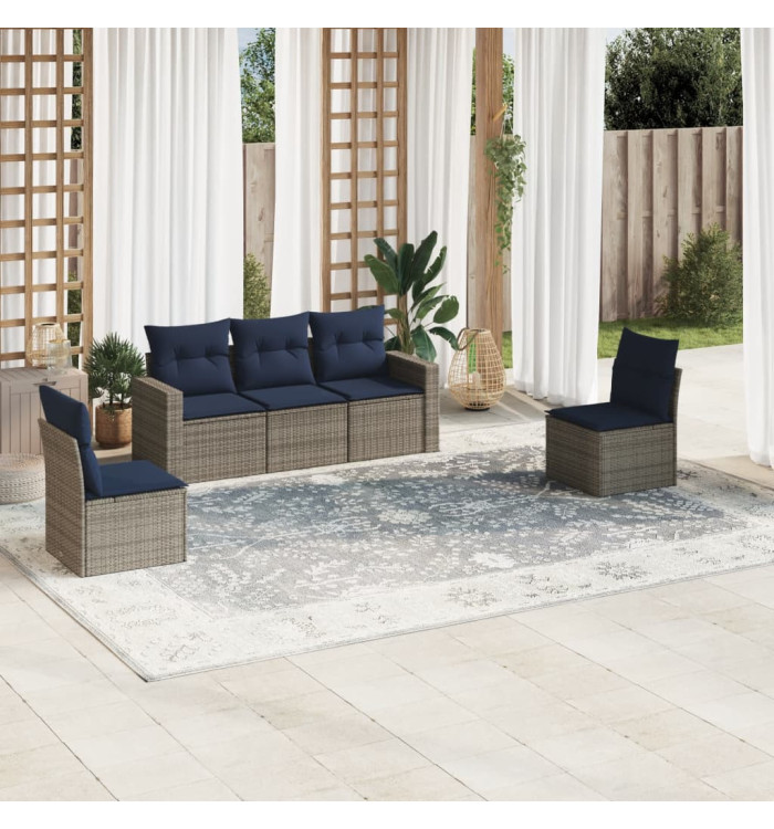 Salon de jardin 5 pcs avec coussins gris résine tressée | Mobilier & Déco