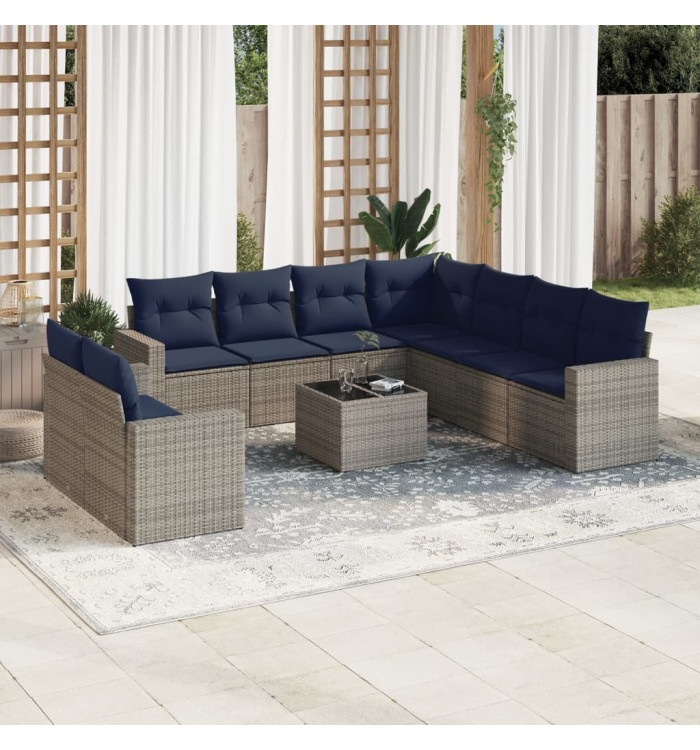 Salon de jardin 10 pcs avec coussins gris résine tressée | Mobilier & Déco