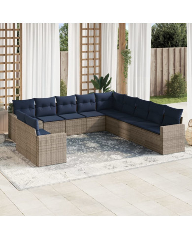 Salon de jardin 11 pcs avec coussins gris résine tressée | Mobilier & Déco
