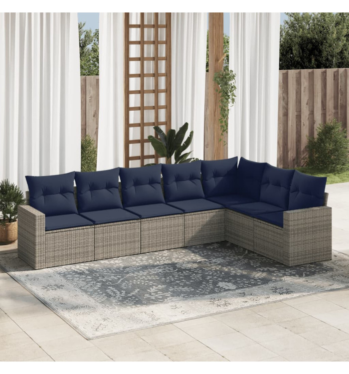 Salon de jardin 7 pcs avec coussins gris résine tressée | Mobilier & Déco