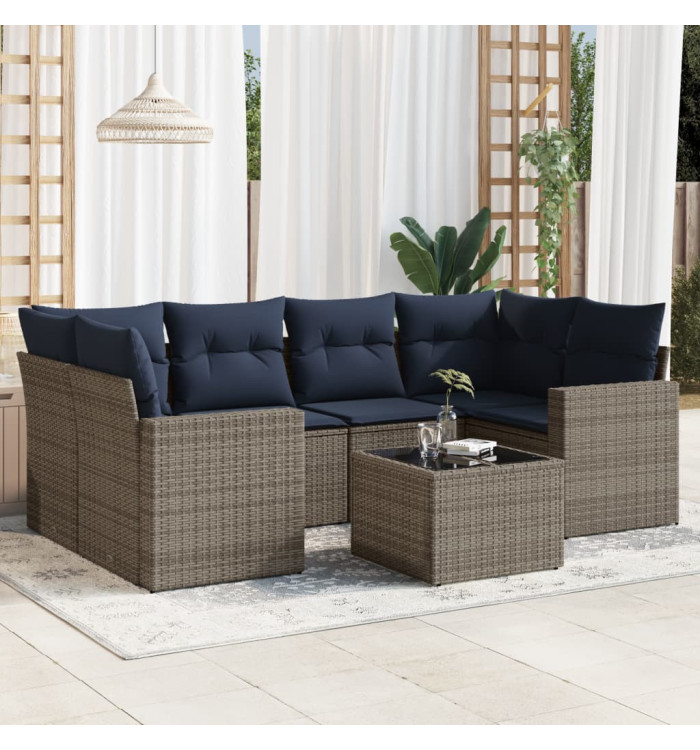 Salon de jardin 7 pcs avec coussins gris résine tressée | Mobilier & Déco