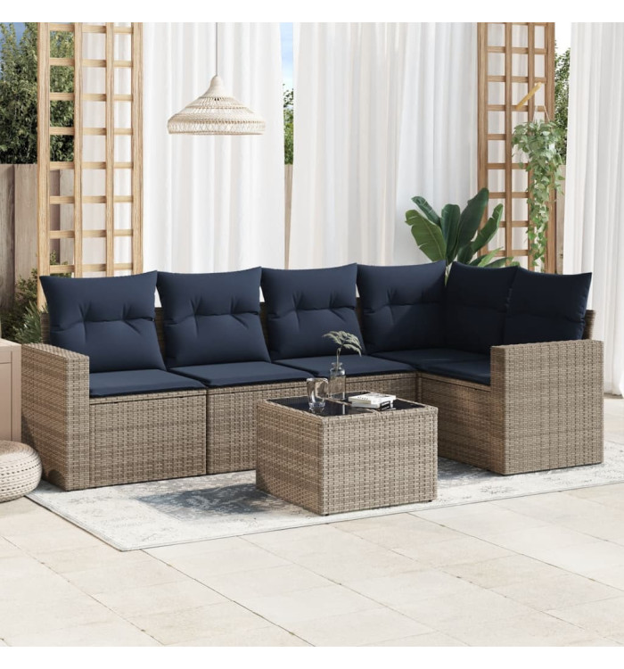 Salon de jardin 6 pcs avec coussins gris résine tressée | Mobilier & Déco