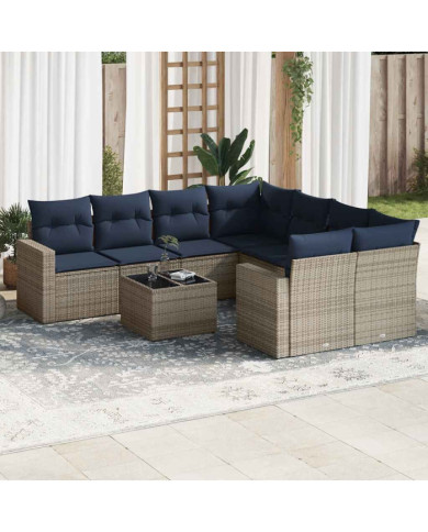 Salon de jardin 9 pcs avec coussins gris résine tressée | Mobilier & Déco