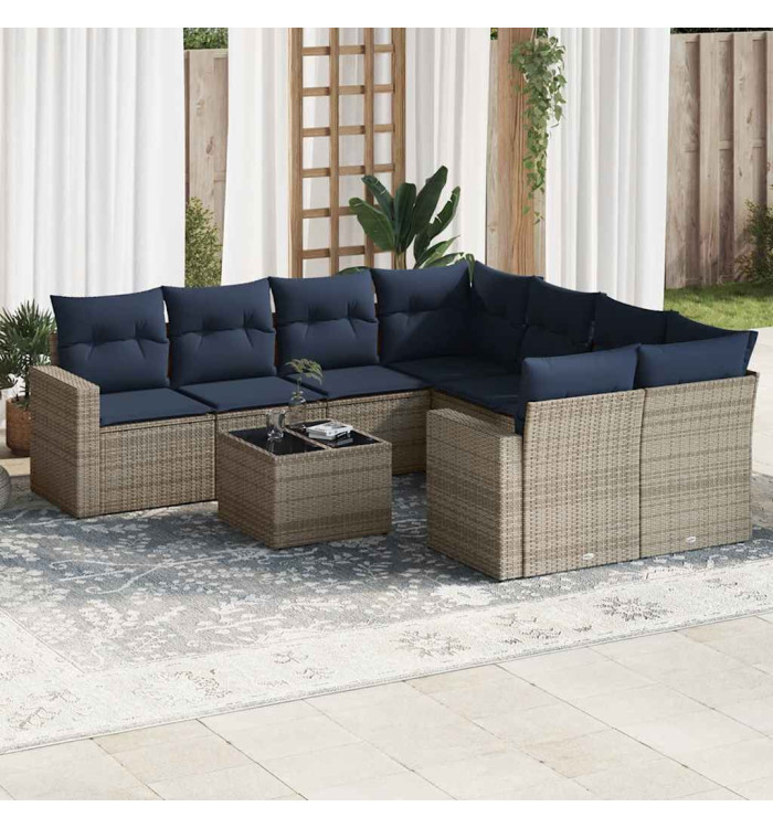 Salon de jardin 9 pcs avec coussins gris résine tressée | Mobilier & Déco