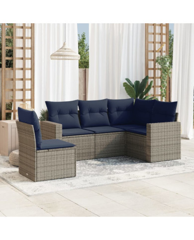 Salon de jardin 5 pcs avec coussins gris résine tressée | Mobilier & Déco