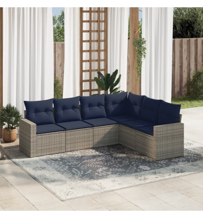 Salon de jardin 6 pcs avec coussins gris résine tressée | Mobilier & Déco