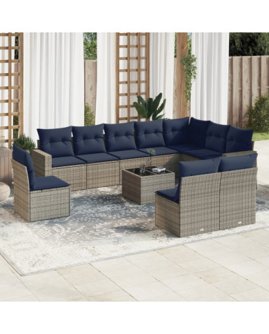 Salon de jardin 11 pcs avec coussins gris résine tressée | Mobilier & Déco