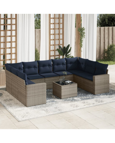 Salon de jardin 10 pcs avec coussins gris résine tressée | Mobilier & Déco