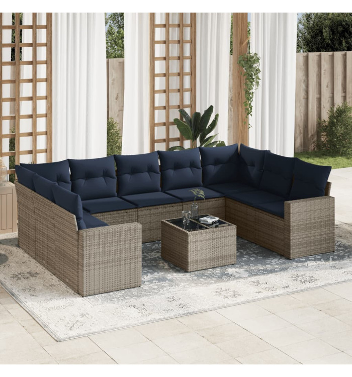 Salon de jardin 10 pcs avec coussins gris résine tressée | Mobilier & Déco