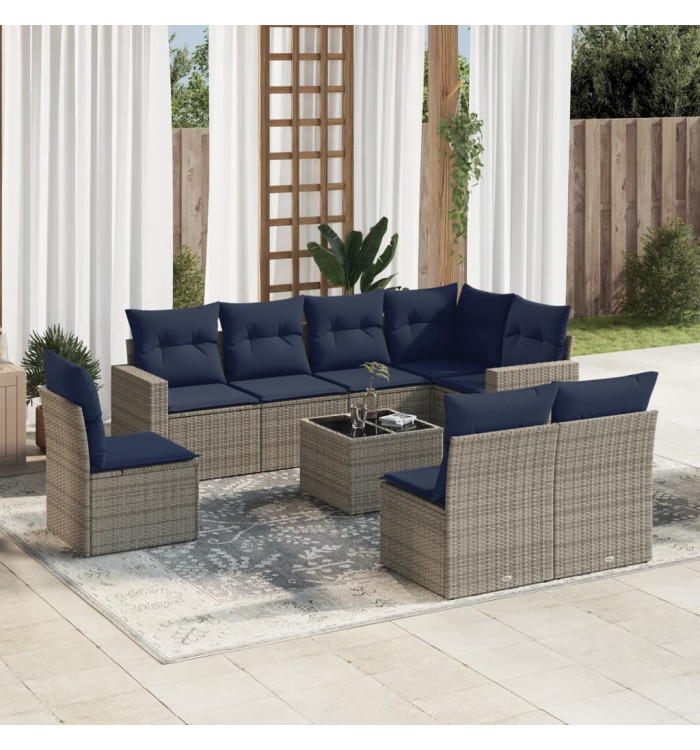 Salon de jardin 9 pcs avec coussins gris résine tressée | Mobilier & Déco