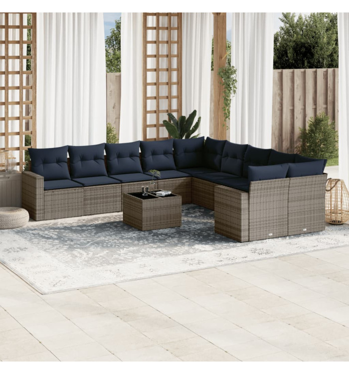 Salon de jardin 11 pcs avec coussins gris résine tressée | Mobilier & Déco