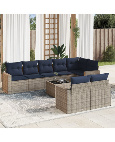 Salon de jardin 9 pcs avec coussins gris résine tressée | Mobilier & Déco