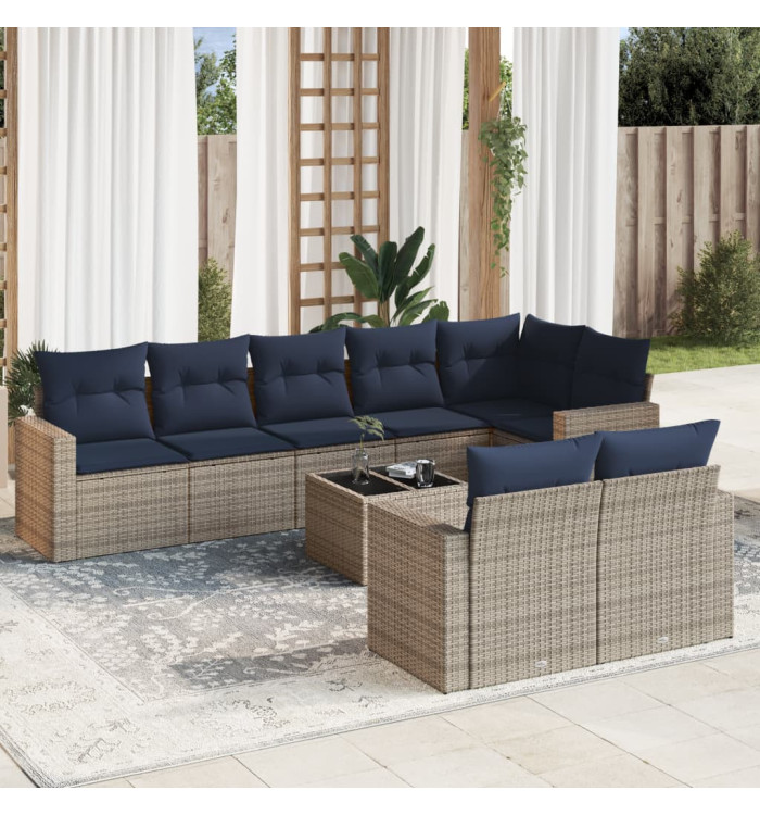 Salon de jardin 9 pcs avec coussins gris résine tressée | Mobilier & Déco