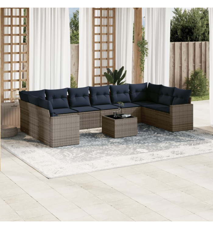 Salon de jardin 11 pcs avec coussins gris résine tressée | Mobilier & Déco