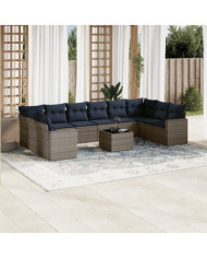 Salon de jardin 11 pcs avec coussins gris résine tressée | Mobilier & Déco