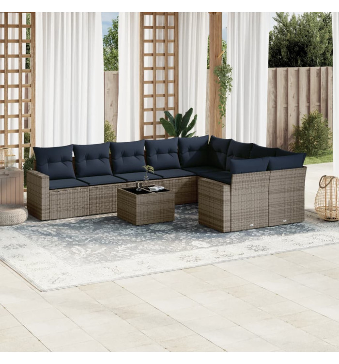 Salon de jardin 10 pcs avec coussins gris résine tressée | Mobilier & Déco