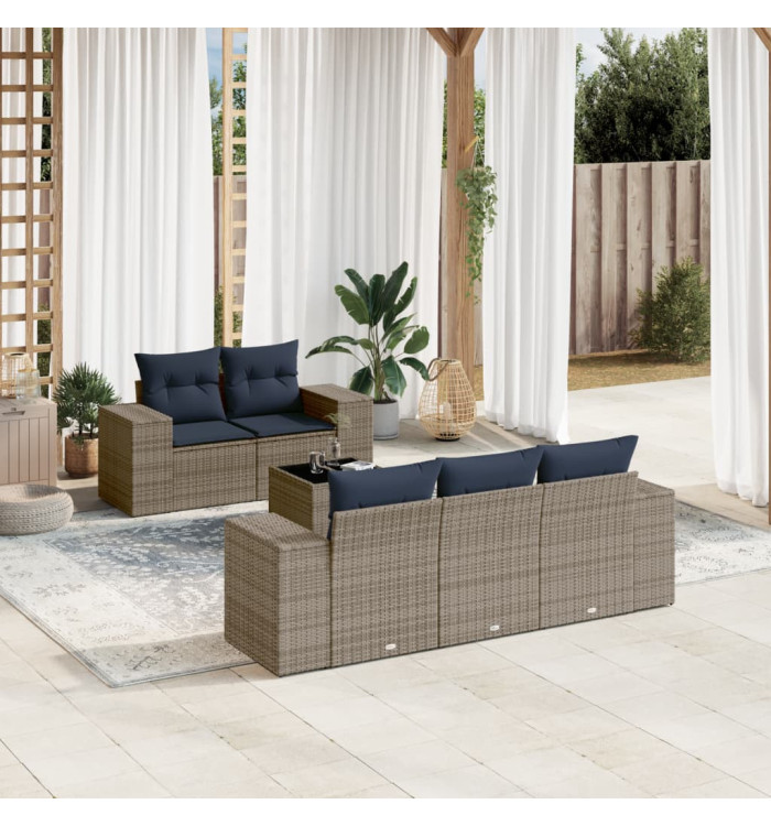 Salon de jardin 6 pcs avec coussins gris résine tressée | Mobilier & Déco