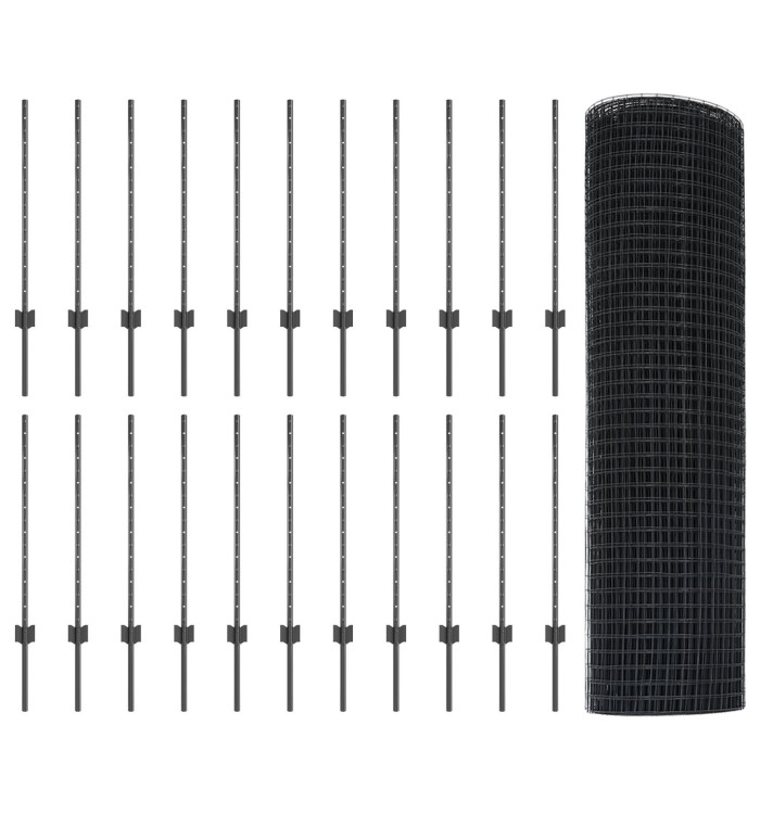 Clôture en fil soudé avec 22 poteaux U gris 0.8x50 m en acier | Mobilier & Déco
