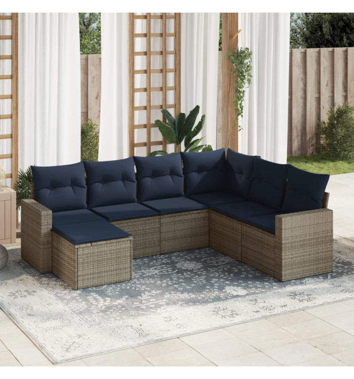 Salon de jardin 7 pcs avec coussins gris résine tressée | Mobilier & Déco
