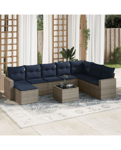 Salon de jardin 9 pcs avec coussins gris résine tressée | Mobilier & Déco