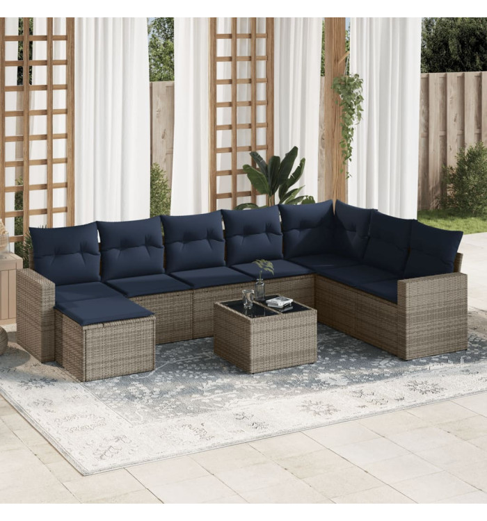 Salon de jardin 9 pcs avec coussins gris résine tressée | Mobilier & Déco