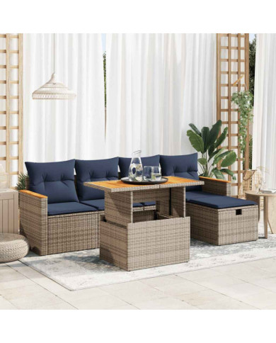 Salon de jardin avec coussins 6 pcs gris résine tressée acacia | Mobilier & Déco