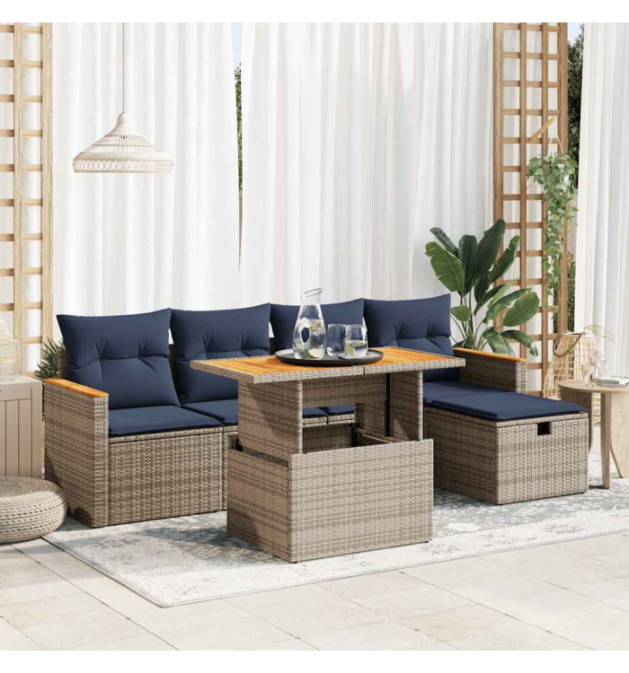 Salon de jardin avec coussins 6 pcs gris résine tressée acacia | Mobilier & Déco