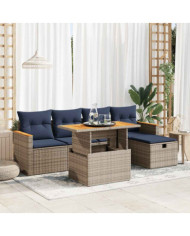 Salon de jardin avec coussins 6 pcs gris résine tressée acacia | Mobilier & Déco