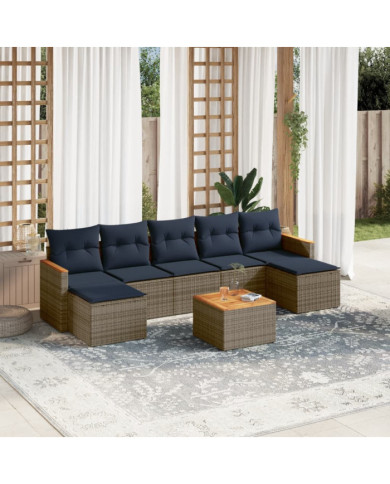 Salon de jardin 8 pcs avec coussins gris résine tressée | Mobilier & Déco