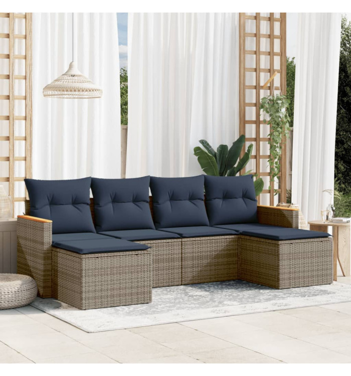 Salon de jardin 6 pcs avec coussins gris résine tressée | Mobilier & Déco