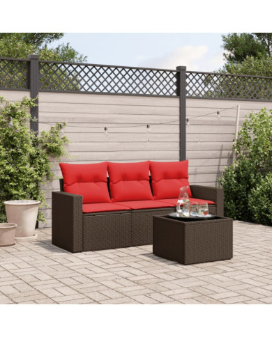 Salon de jardin 4 pcs avec coussins marron résine tressée | Mobilier & Déco