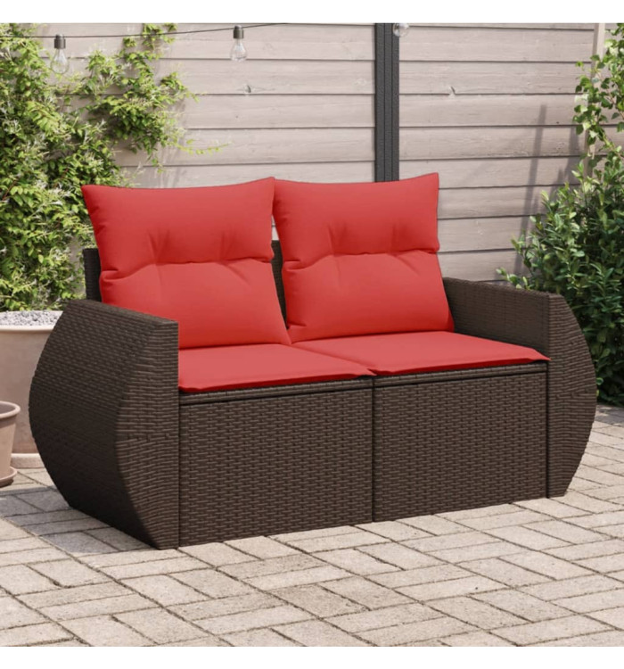 Canapé de jardin avec coussins 2 places marron résine tressée | Mobilier & Déco