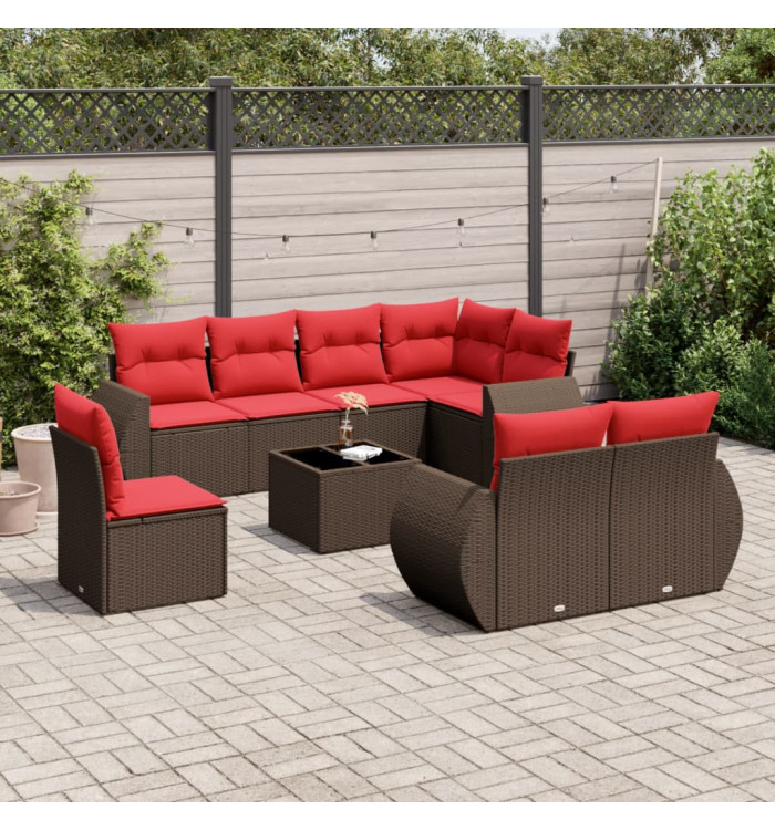 Salon de jardin avec coussins 9 pcs marron résine tressée | Mobilier & Déco
