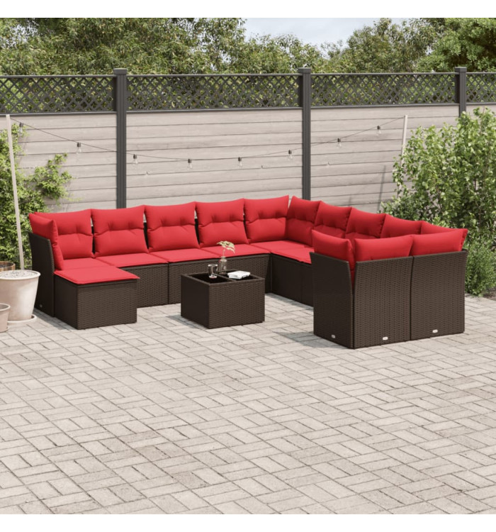 Salon de jardin avec coussins 12 pcs marron résine tressée | Mobilier & Déco