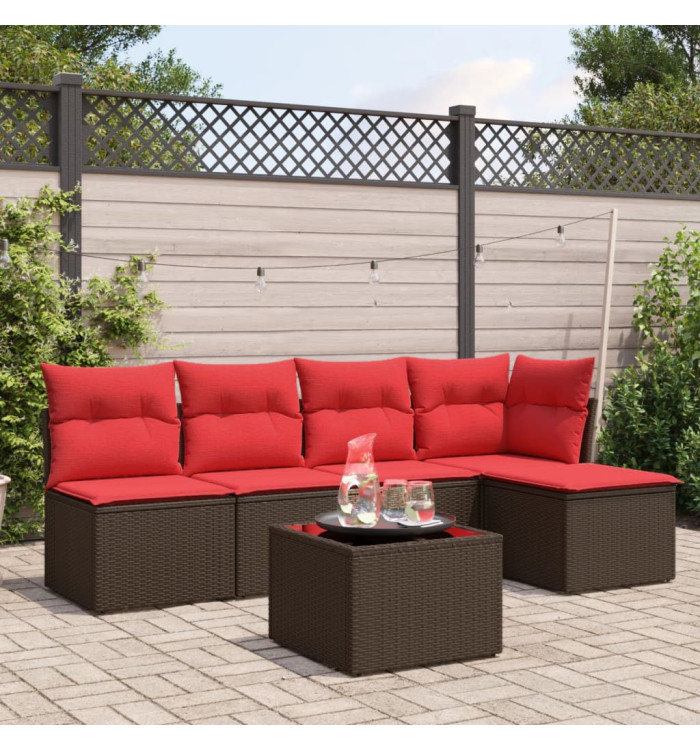 Salon de jardin 6 pcs avec coussins marron résine tressée | Mobilier & Déco