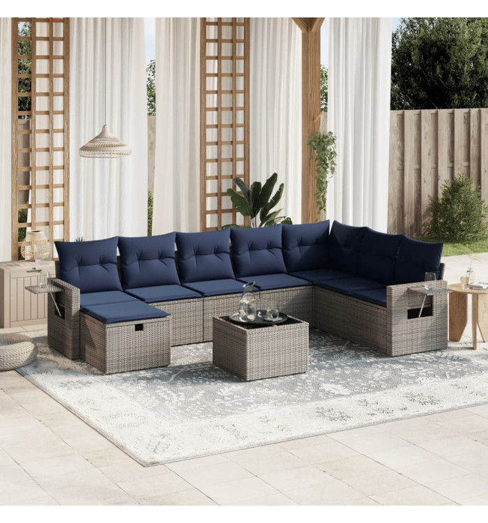 Salon de jardin 9 pcs avec coussins gris résine tressée | Mobilier & Déco