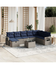 Salon de jardin 9 pcs avec coussins gris résine tressée | Mobilier & Déco