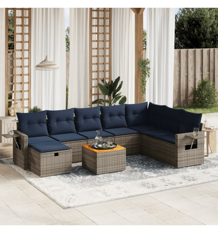 Salon de jardin 9 pcs avec coussins gris résine tressée | Mobilier & Déco