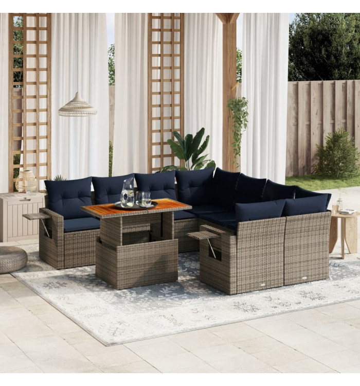 Salon de jardin 8 pcs avec coussins gris résine tressée | Mobilier & Déco