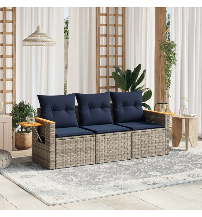 Salon de jardin avec coussins 3 pcs gris résine tressée | Mobilier & Déco