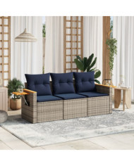 Salon de jardin avec coussins 3 pcs gris résine tressée | Mobilier & Déco