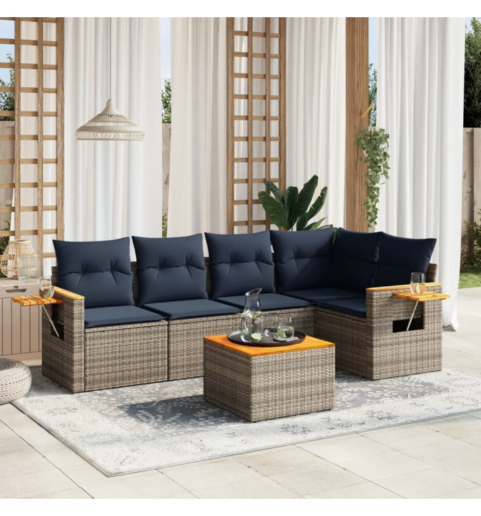 Salon de jardin 6 pcs avec coussins gris résine tressée | Mobilier & Déco