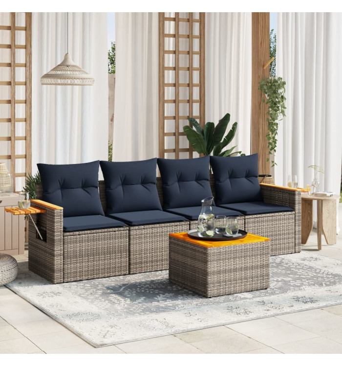 Salon de jardin 5 pcs avec coussins gris résine tressée | Mobilier & Déco