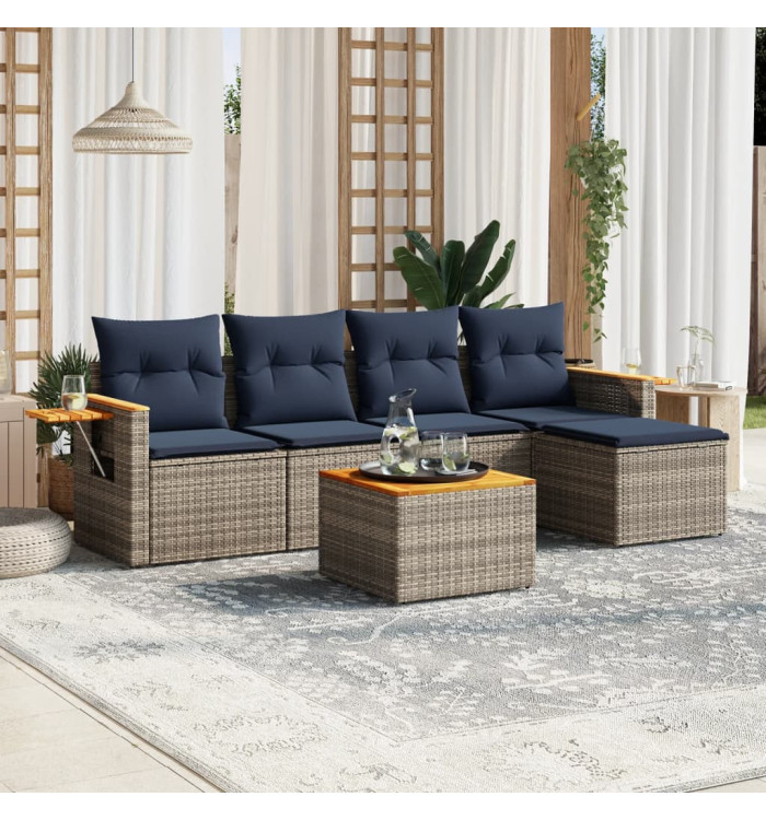 Salon de jardin 6 pcs avec coussins gris résine tressée | Mobilier & Déco